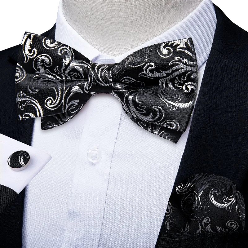 Cool men's tie-Black Silver Floral Silk Men's Pre-Bowtie Pocket Square Cufflinks Set