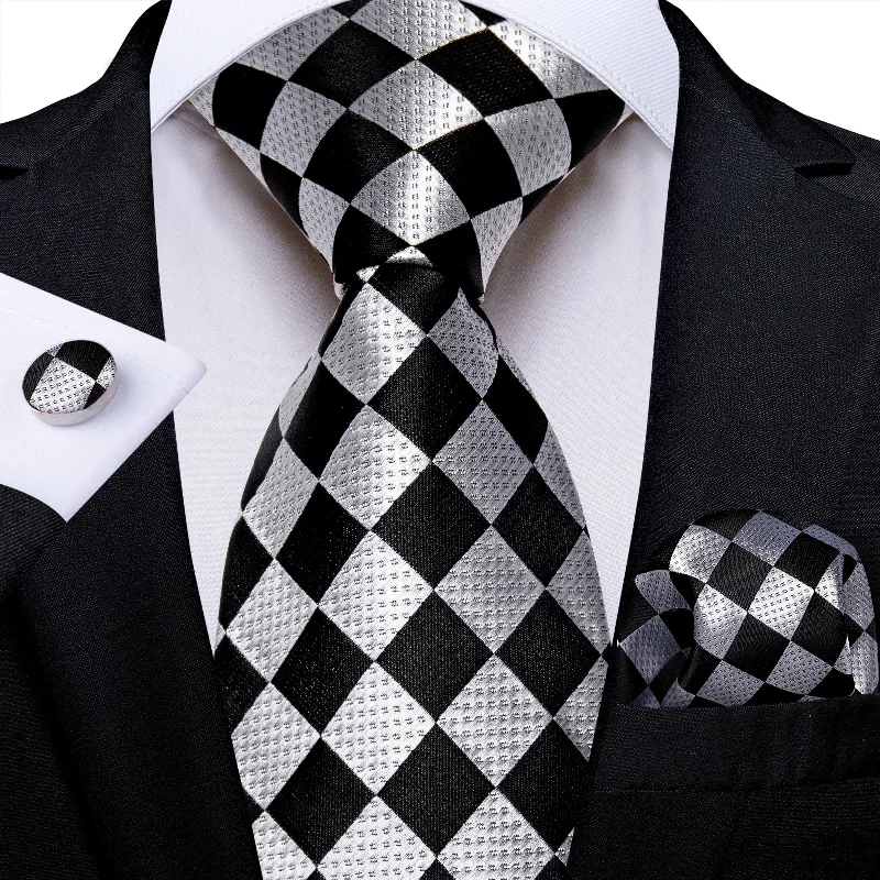 Men's tie with fine lines-Black Silver Lattice Men's Tie Pocket Square Cufflinks Set