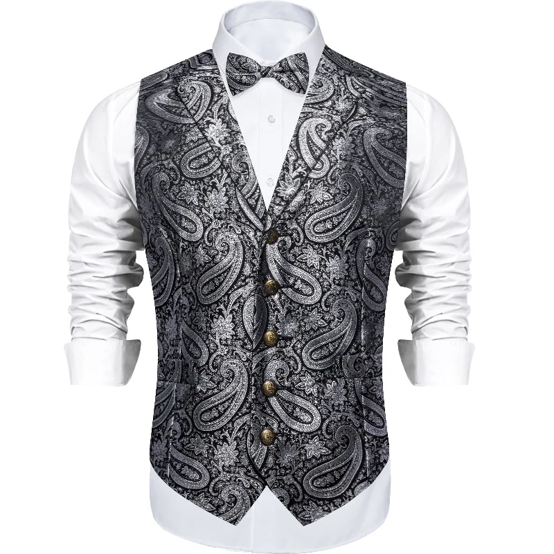 Best men's tie for corporate style-Black Silver Paisley Jacquard Waistcoat Vest BowTie Handkerchief Cufflinks Set