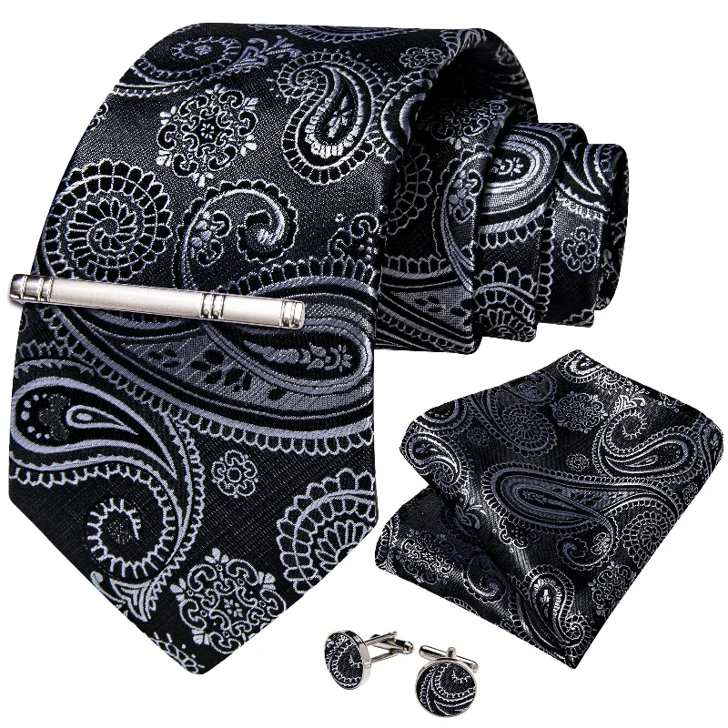 Men's tie for family gatherings-Black Silver Paisley Men's Tie Handkerchief Cufflinks Clip Set