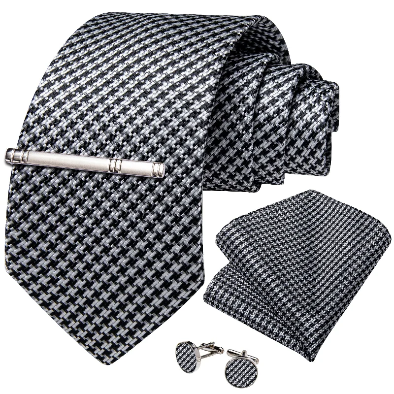 Men's tie for business casual-Black Silver Plaid Men's Tie Handkerchief Cufflinks Clip Set