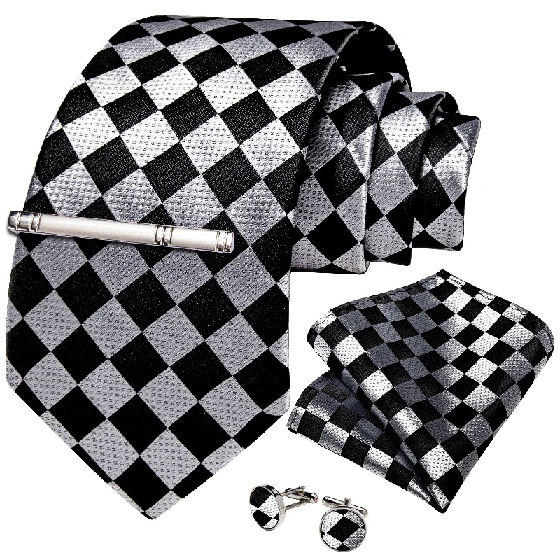 Men's tie for office attire-Black Silver Plaid Men's Tie Handkerchief Cufflinks Clip Set