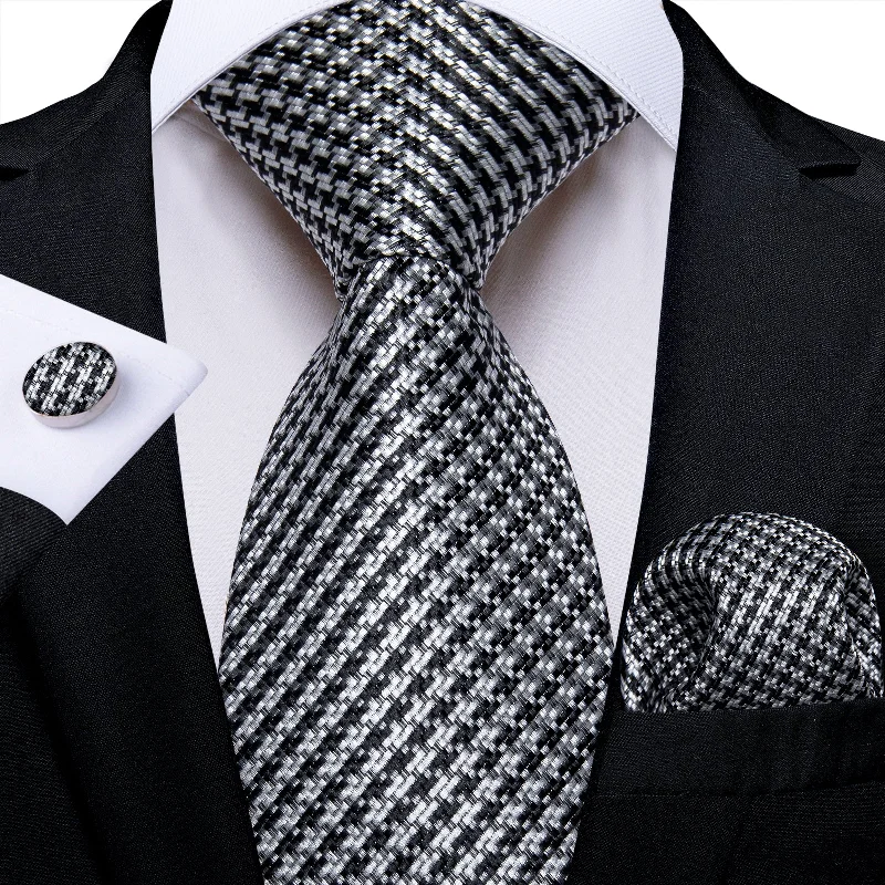 Men's tie for a wedding suit-Black Silver Plaid Men's Tie Pocket Square Handkerchief Set