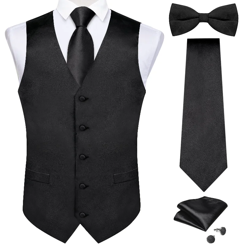 Men's tie with a rich texture-Black Solid V Neck Vest Neck Bow Tie Handkerchief Cufflinks Set