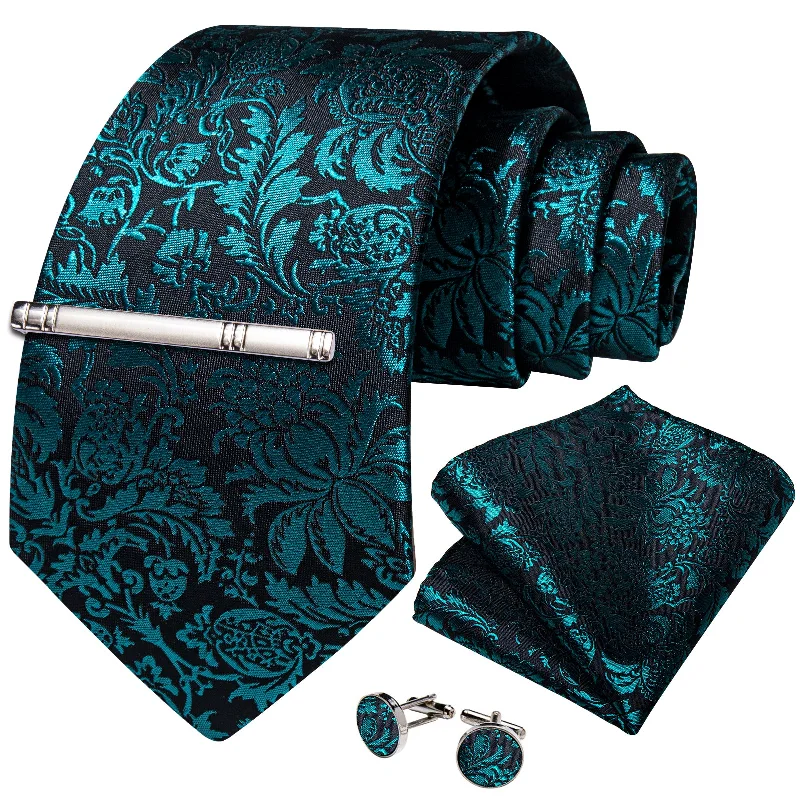 Men's solid color silk tie-Black Teal Floral Men's Tie Handkerchief Cufflinks Clip Set