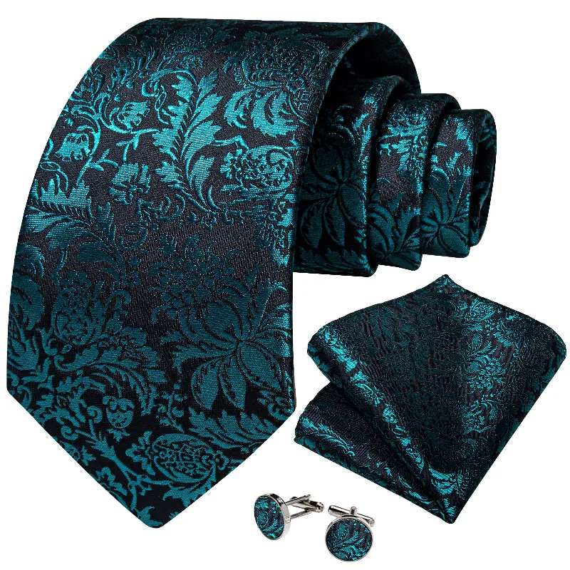 Best necktie for upscale events-Black Teal Floral Men's Tie Pocket Square Cufflinks Set