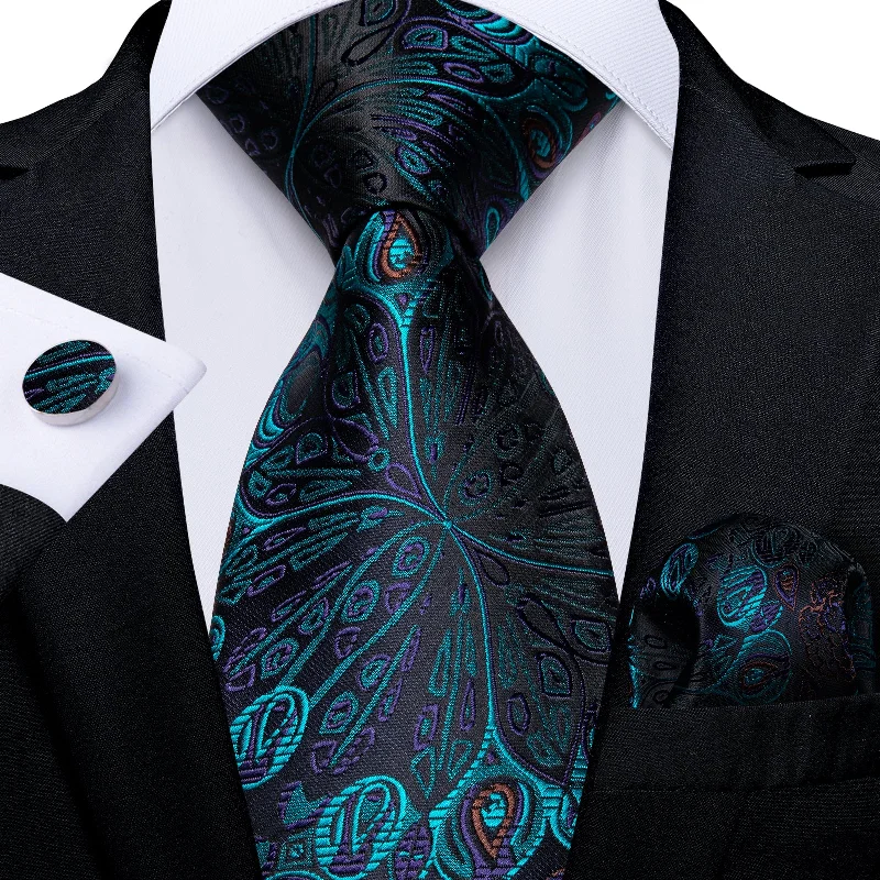 Men's solid color silk tie-Black Teal Floral Men's Tie Pocket Square Cufflinks Set