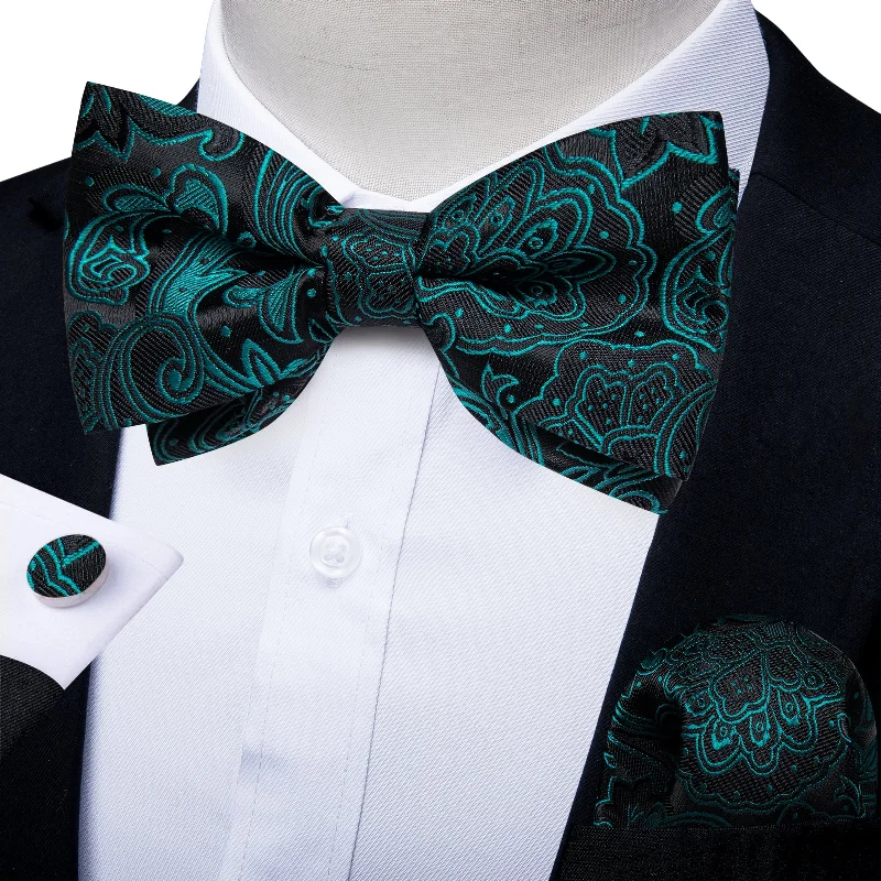 Men's formal tie for night events-Black Teal Floral Silk Men's Pre-Bowtie Pocket Square Cufflinks Set