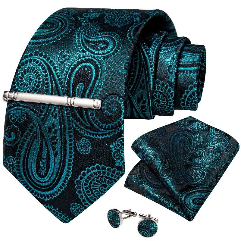 Unique men's necktie for special events-Black Teal Paisley Men's Tie Handkerchief Cufflinks Clip Set