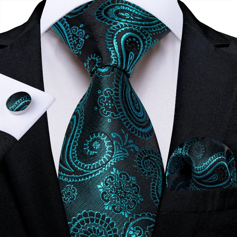 Men's tie for upscale business meetings-Black Teal Paisley Men's Tie Pocket Square Cufflinks Set