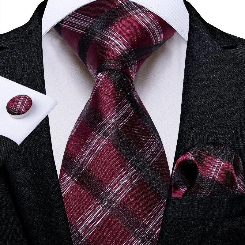 Men's tie with a chic modern pattern-Black White Red Striped Men's Tie Pocket Square Cufflinks Set