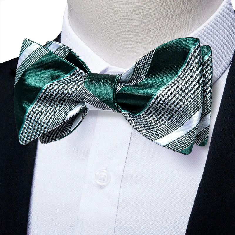 Stylish men's necktie for formal wear-Black White Green Striped Self-Bowtie Pocket Square Cufflinks Set