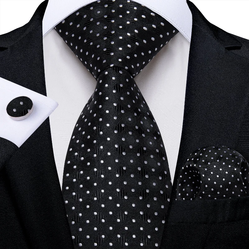 Men's tie for Christmas party-Black White Polka Dot Men's Tie Pocket Square Handkerchief Set