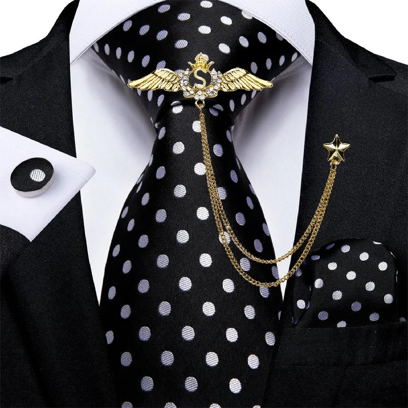 Men's striped necktie for business-Black White Polka Dot Tie Handkerchief Cufflinks Set With Wing Lapel Pin Set