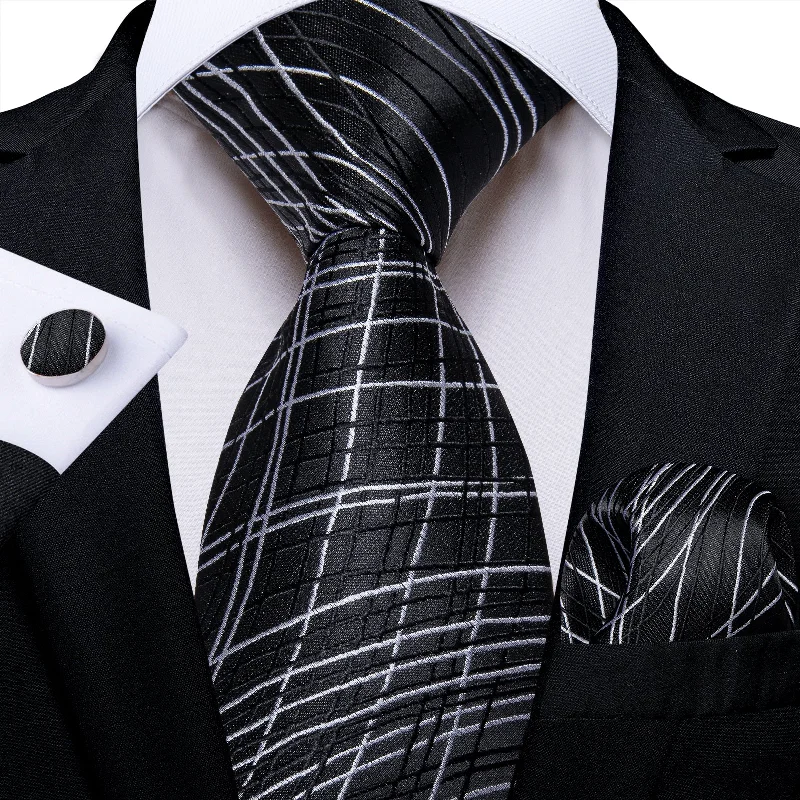 Men's tie for board meetings-Black White Stripe Men's Tie Pocket Square Cufflinks Set