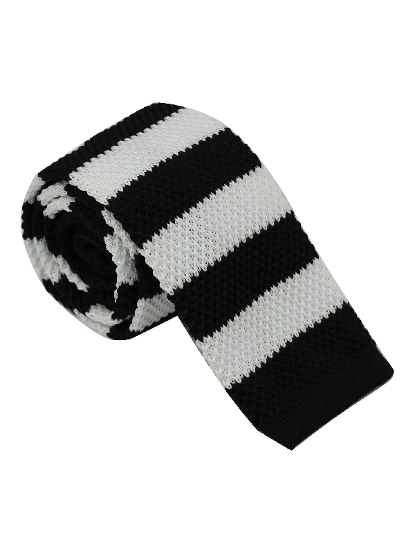 Men's tie for casual gatherings-BLACK & WHITE STRIPED KNITTED TIE