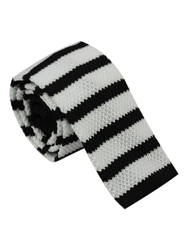 Men's necktie for evening attire-BLACK & WHITE STRIPED KNITTED TIE