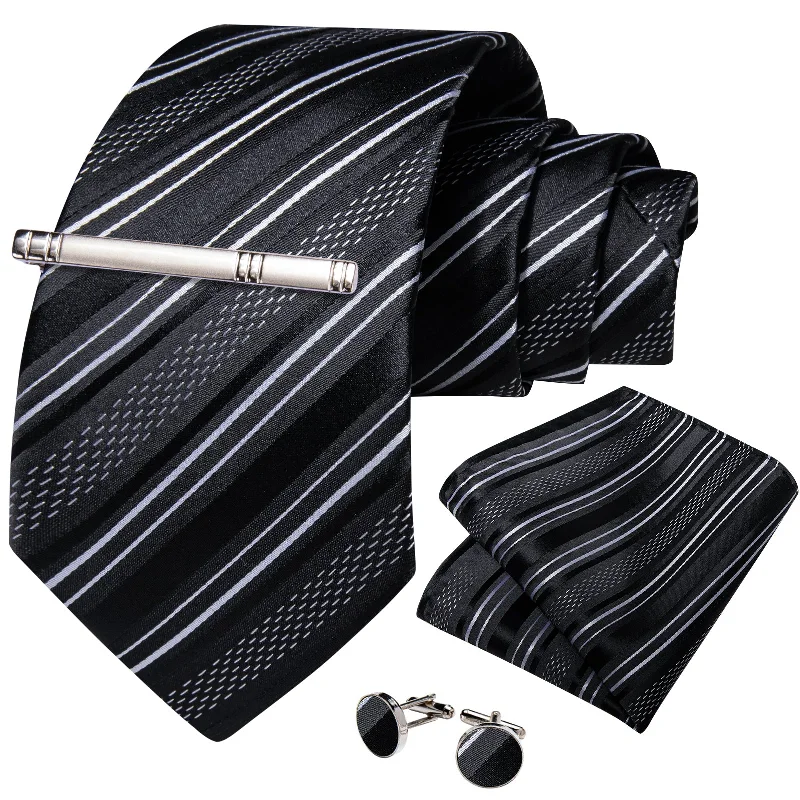 Men's necktie for holiday dinner-Black White Striped Men's Tie Handkerchief Cufflinks Clip Set