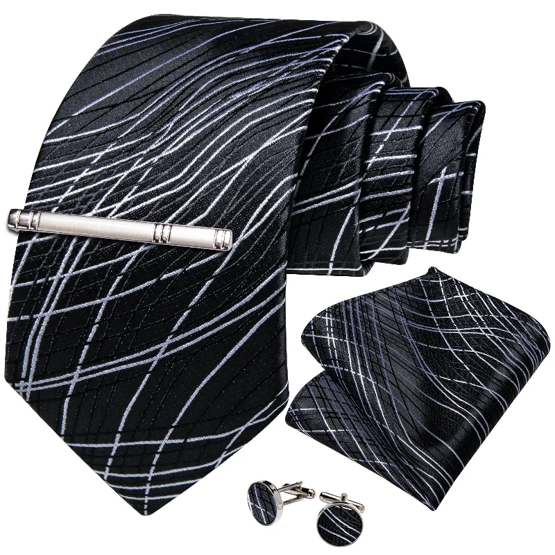 Affordable luxury men's tie-Black White Striped Men's Tie Handkerchief Cufflinks Clip Set