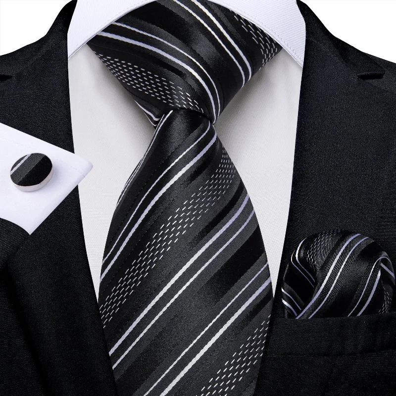 Men's tie for special occasions-Black White Striped Men's Tie Pocket Square Handkerchief Set