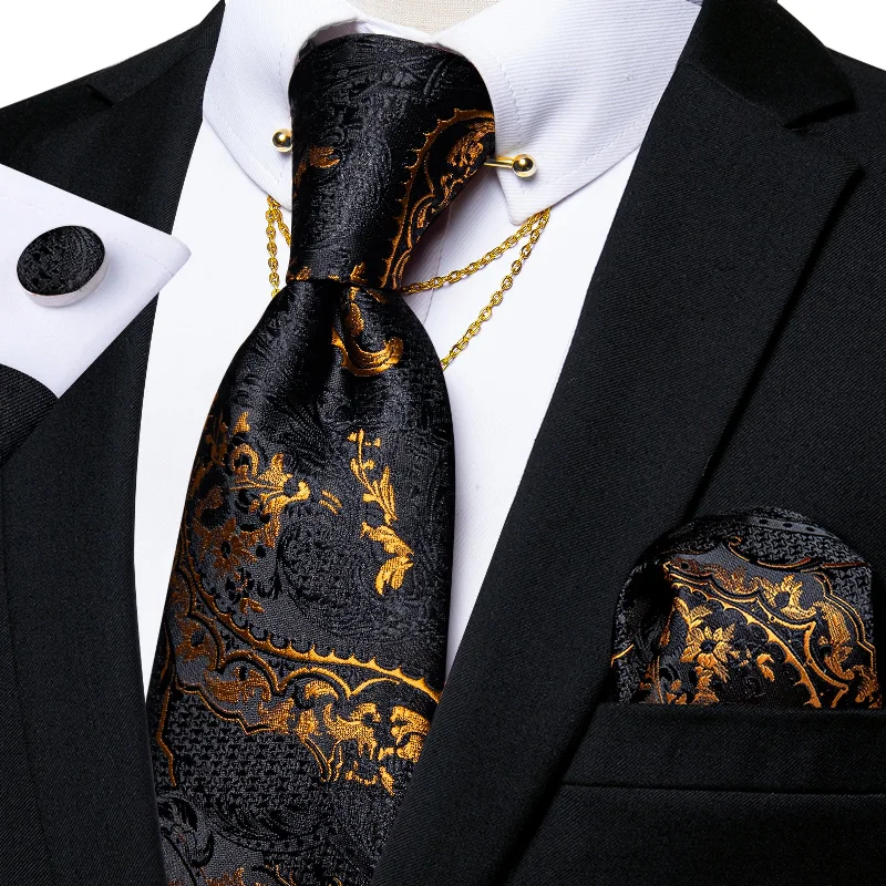 Men's tie with a contrasting stripe-Black Yellow Floral Silk Men's Tie Pocket Square Cufflinks with Collar Pin