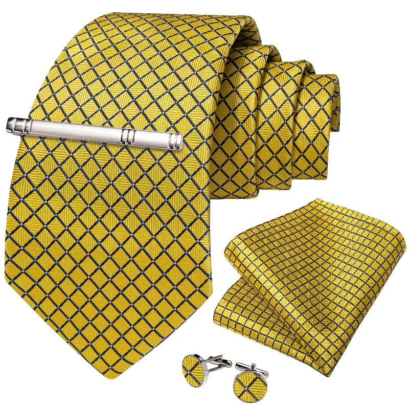 Men's luxury silk tie-Black Yellow Plaid Men's Tie Handkerchief Cufflinks Clip Set