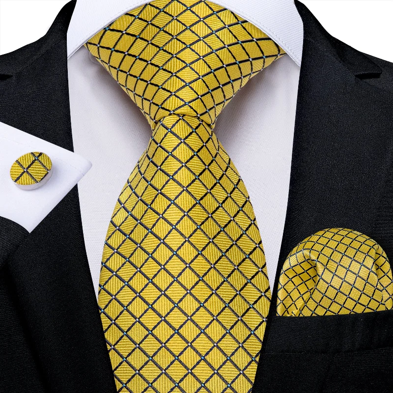 Men's tie for formal occasions-Black Yellow Plaid Men's Tie Handkerchief Cufflinks Set