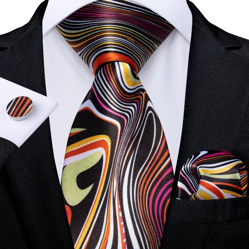 Men's tie for family gatherings-Black Yellow Stripe Men's Tie Set