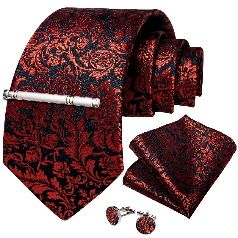 Men's tie for everyday office wear-Blakc Red Floral Men's Tie Handkerchief Cufflinks Clip Set