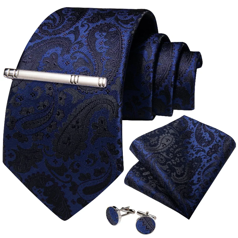 Best men's tie for casual events-Blue Black Floral Men's Tie Handkerchief Cufflinks Clip Set