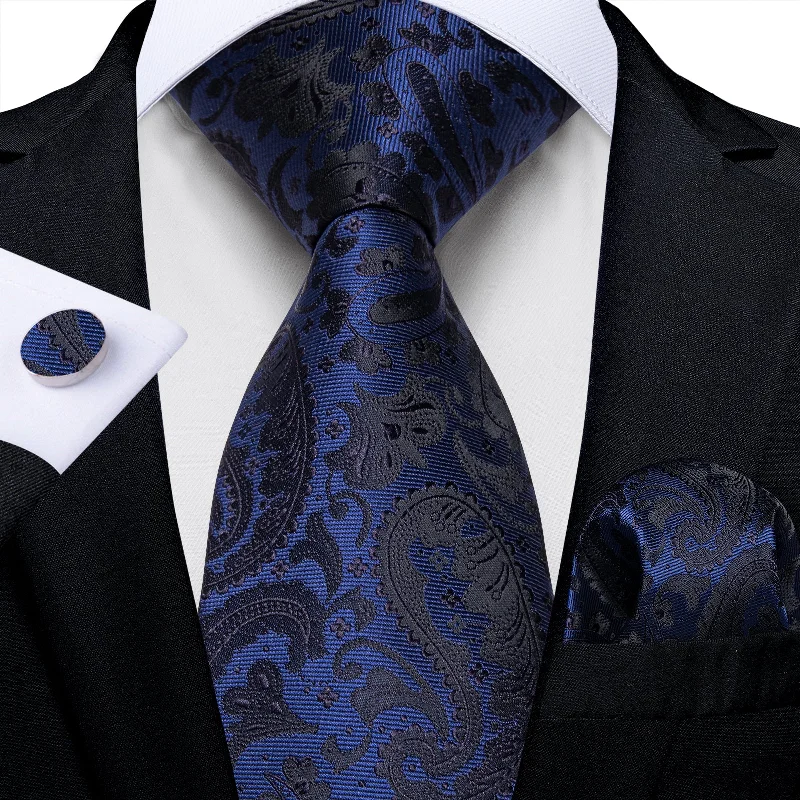 Men's tie with vibrant color-Blue Black Floral Men's Tie Handkerchief Cufflinks Set