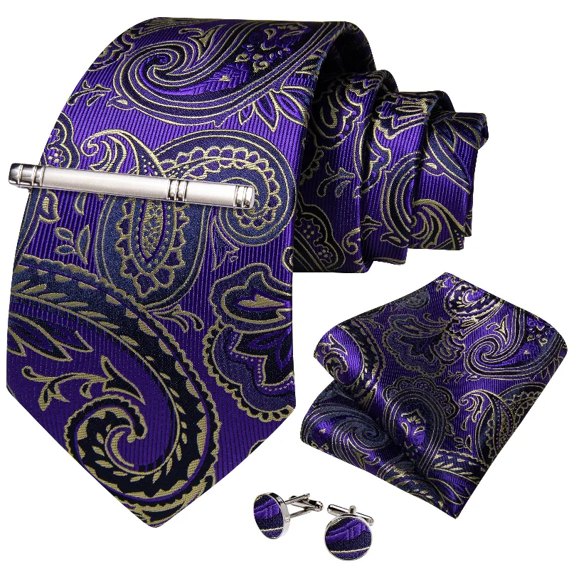 High-quality silk necktie for men-Blue Black Golden Floral Men's Tie Handkerchief Cufflinks Clip Set