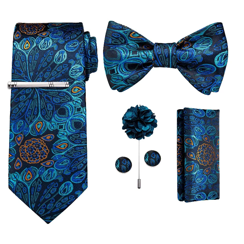 Luxury men's tie for wedding-Blue Floral Bowtie Necktie  Hanky Cufflinks Brooch Clip Set