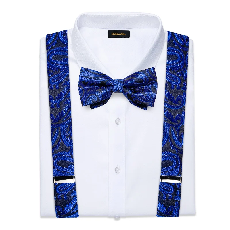 Men's tie with diagonal stripes-Blue Floral Brace Clip-on Men's Suspender with Bow Tie Set