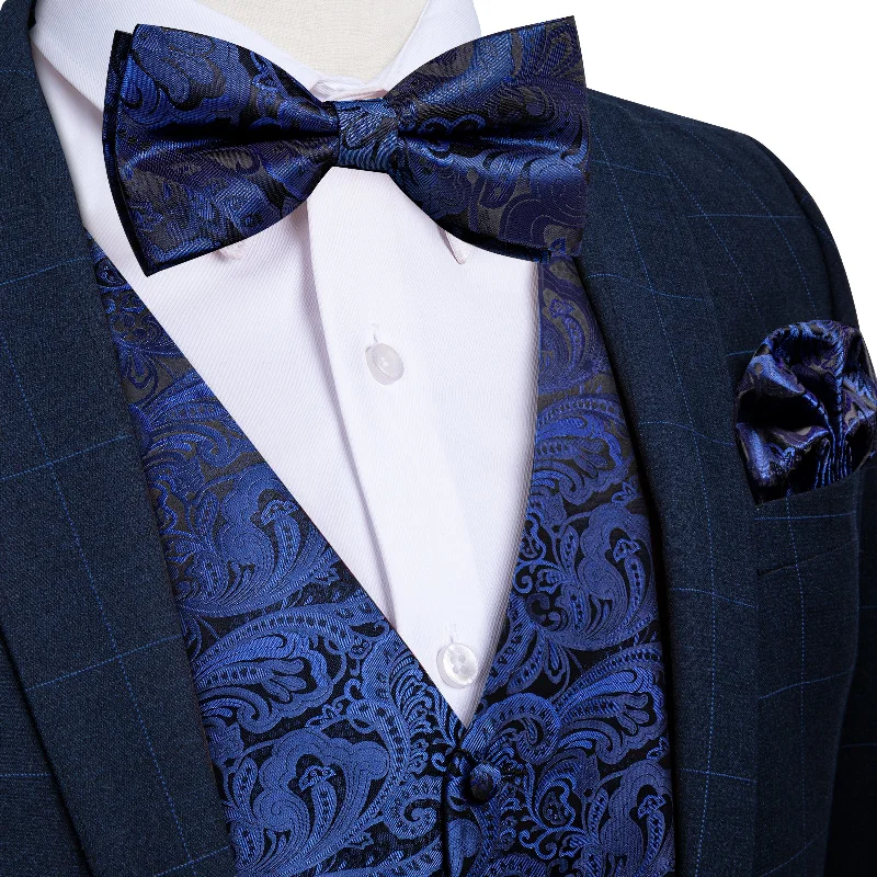 Men's tie for family gatherings-Blue Floral Jacquard Silk Vest Bowtie Handkerchief Cufflinks Suit Set