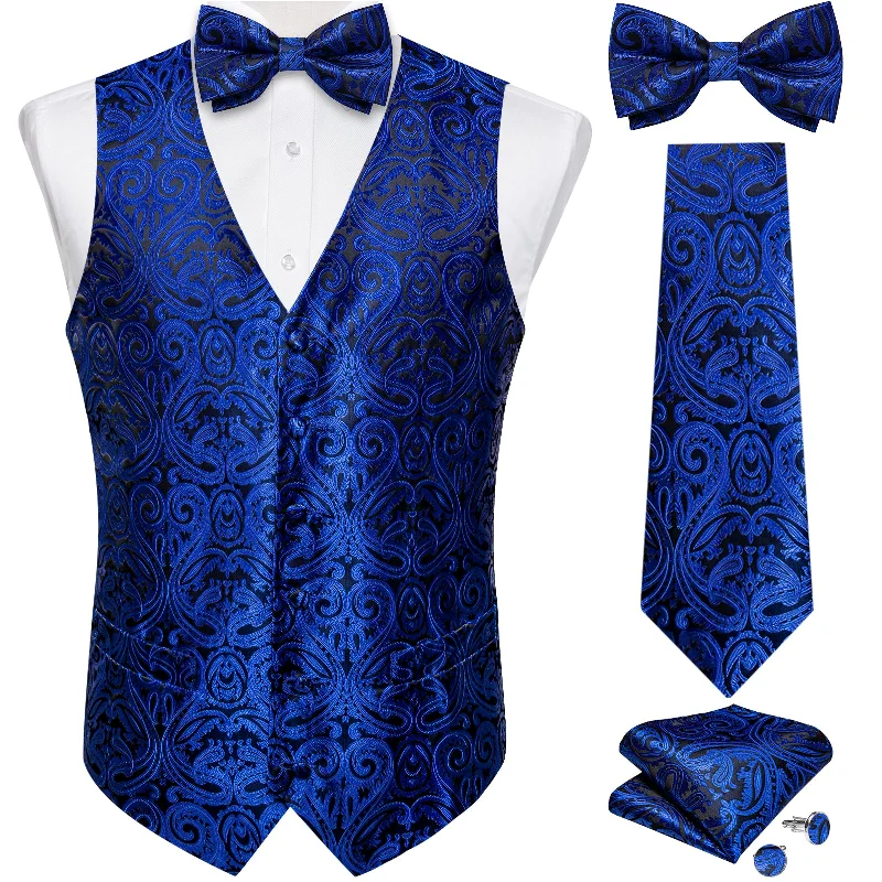 Unique men's necktie-Blue Floral Jacquard Vest Neck Bow Tie Handkerchief Cufflinks Set