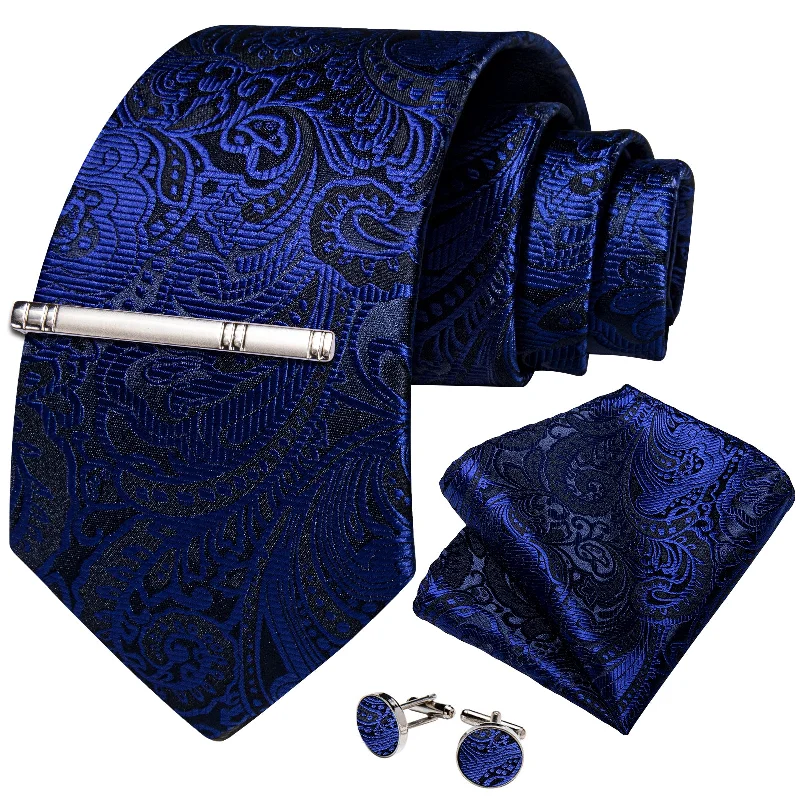 Men's premium silk tie-Blue Floral Men's Tie Handkerchief Cufflinks Clip Set