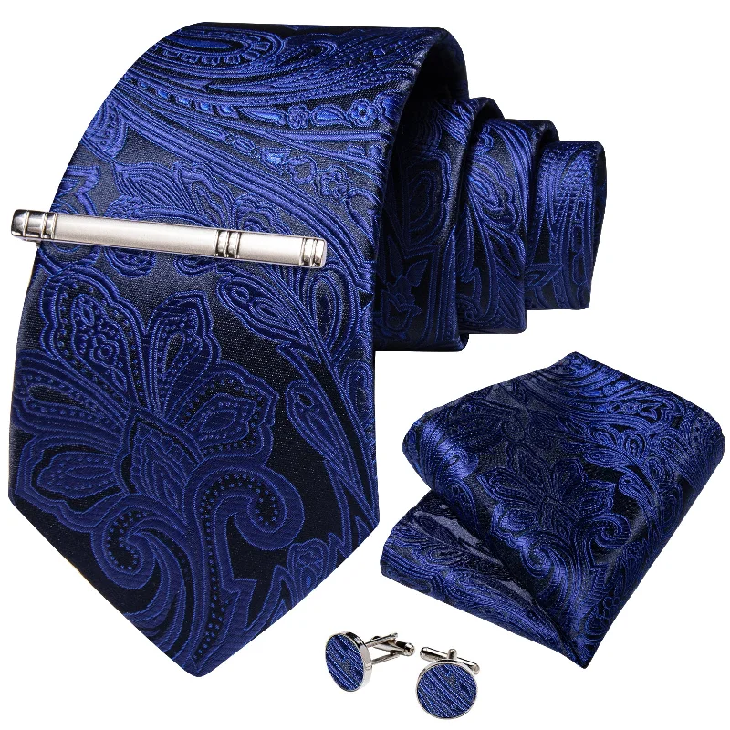 Men's tie with a sophisticated pattern-Blue Floral Men's Tie Handkerchief Cufflinks Clip Set