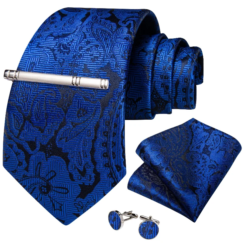 Men's business tie with subtle patterns-Blue Floral Men's Tie Handkerchief Cufflinks Clip Set