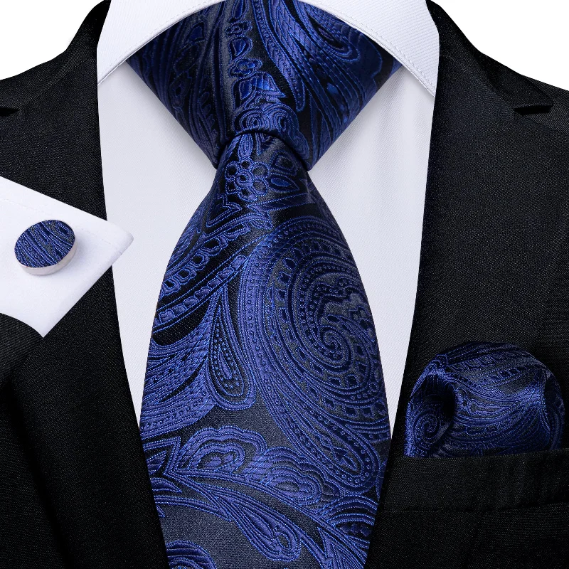 Men's high-quality designer tie-Blue Floral Men's Tie Handkerchief Cufflinks Set