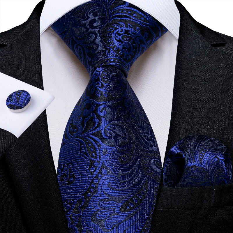 Elegant men's necktie for weddings-Blue Floral Men's Tie Pocket Square Handkerchief Set