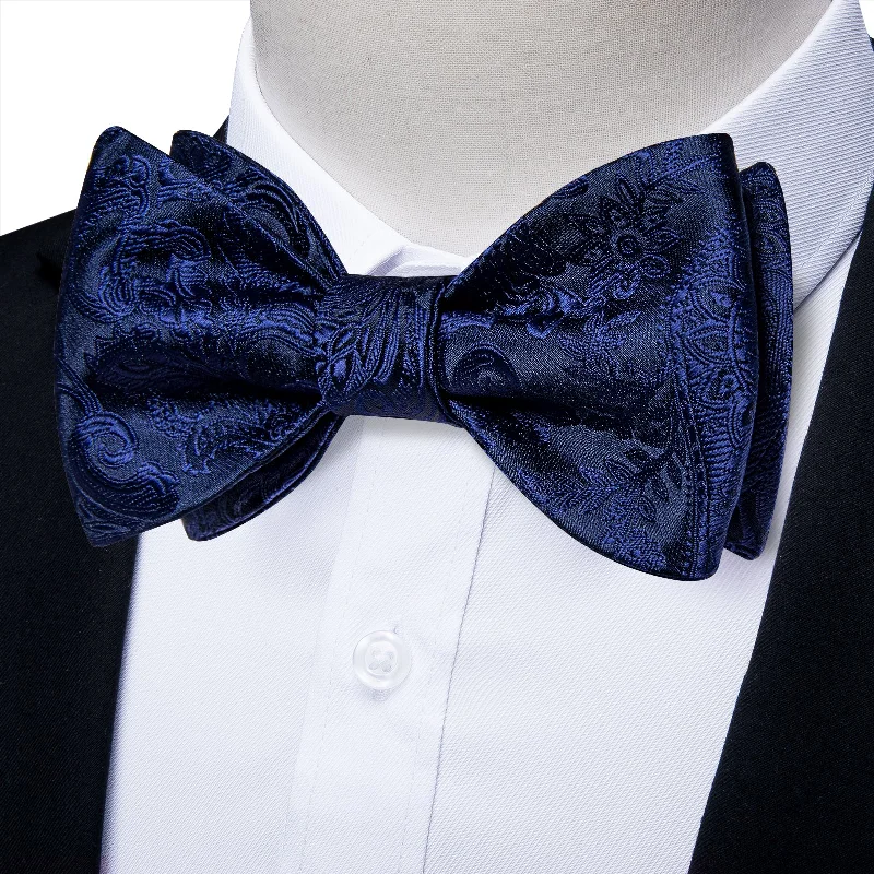 Men's tie for elegant weddings-Blue Floral Self-Bowtie Pocket Square Cufflinks Set