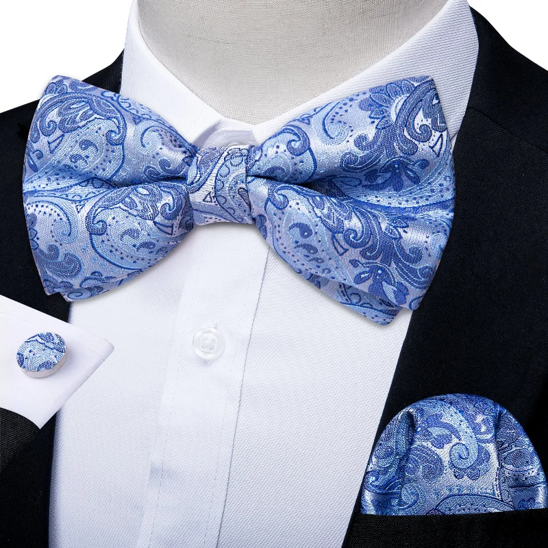 Classic men's silk necktie-Blue Floral Silk Bowtie Pocket Square Cufflinks Set