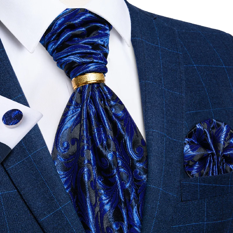 Men's bow tie vs necktie-Blue Floral Silk Cravat Woven Ascot Tie Pocket Square Cufflinks With Tie Ring Set