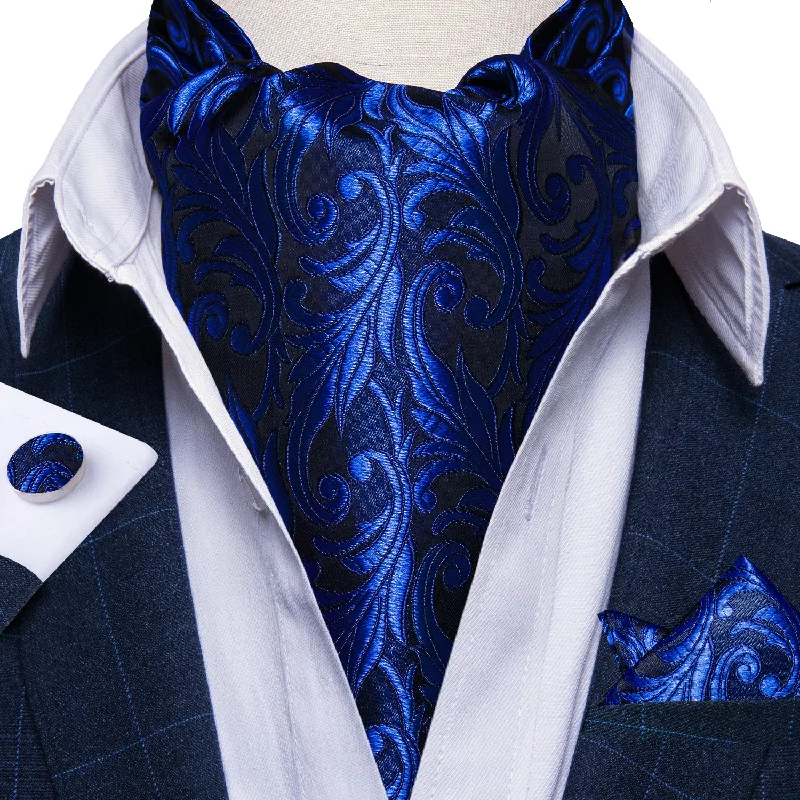 Men's tie for evening events-Blue Floral Silk Cravat Woven Ascot Tie Pocket Square Handkerchief Suit Set