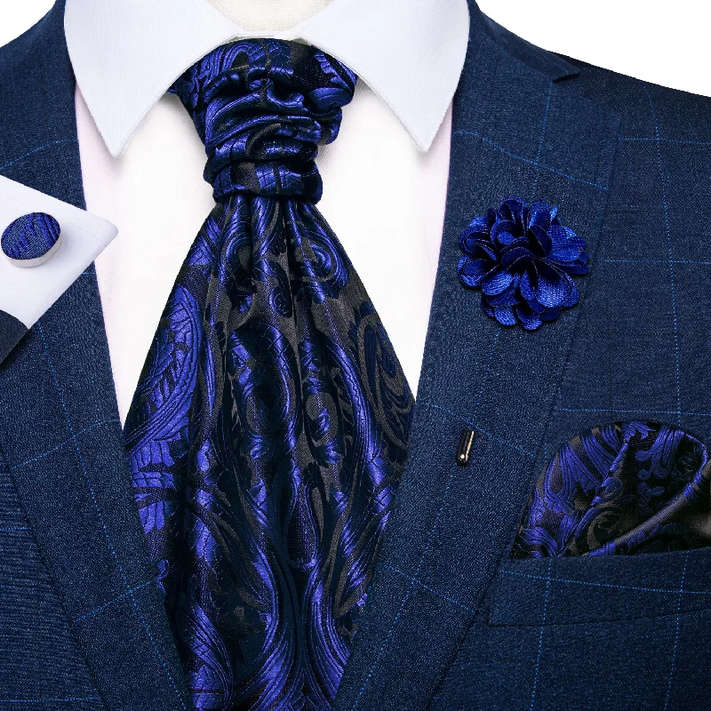 Fashionable men's tie for the office-Blue Floral Silk Cravat Woven Ascot Tie Pocket Square Handkerchief Suit with Lapel Pin Brooch Set