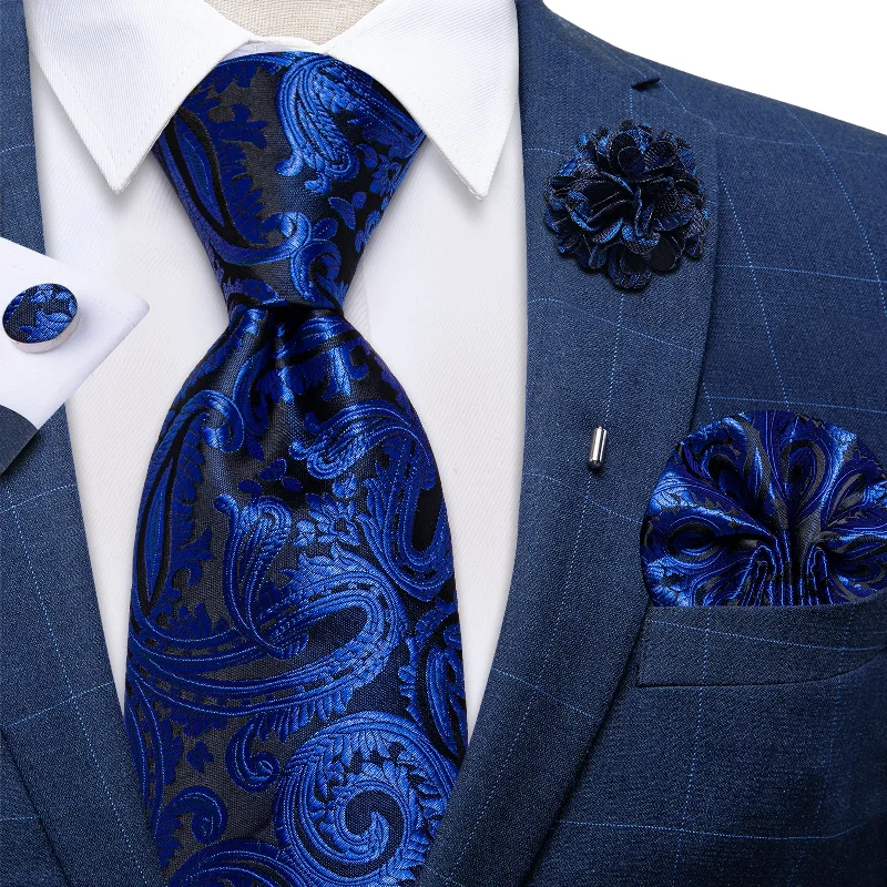 Men's tie for office wear-Blue Floral Silk Men's Necktie Handkerchief Cufflinks Set With Lapel Pin Brooch Set