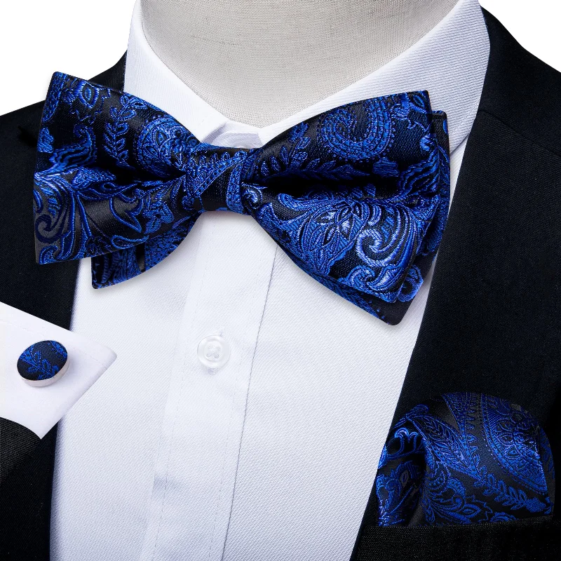 Men's tie for birthdays-Blue Floral Silk Men's Pre-Bowtie Pocket Square Cufflinks Set