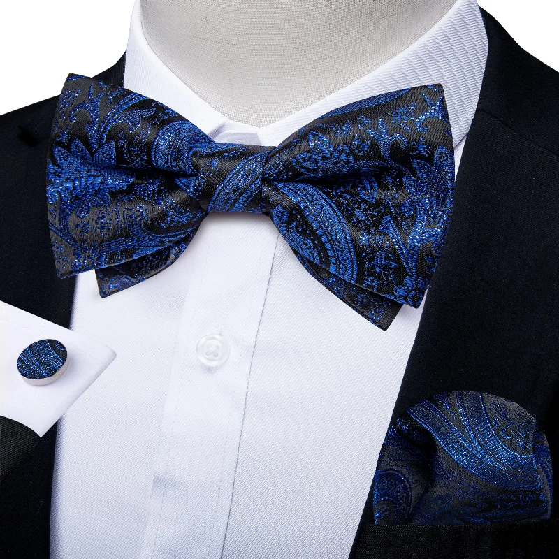 Classic necktie for men-Blue Floral Silk Men's Pre-Bowtie Pocket Square Cufflinks Set