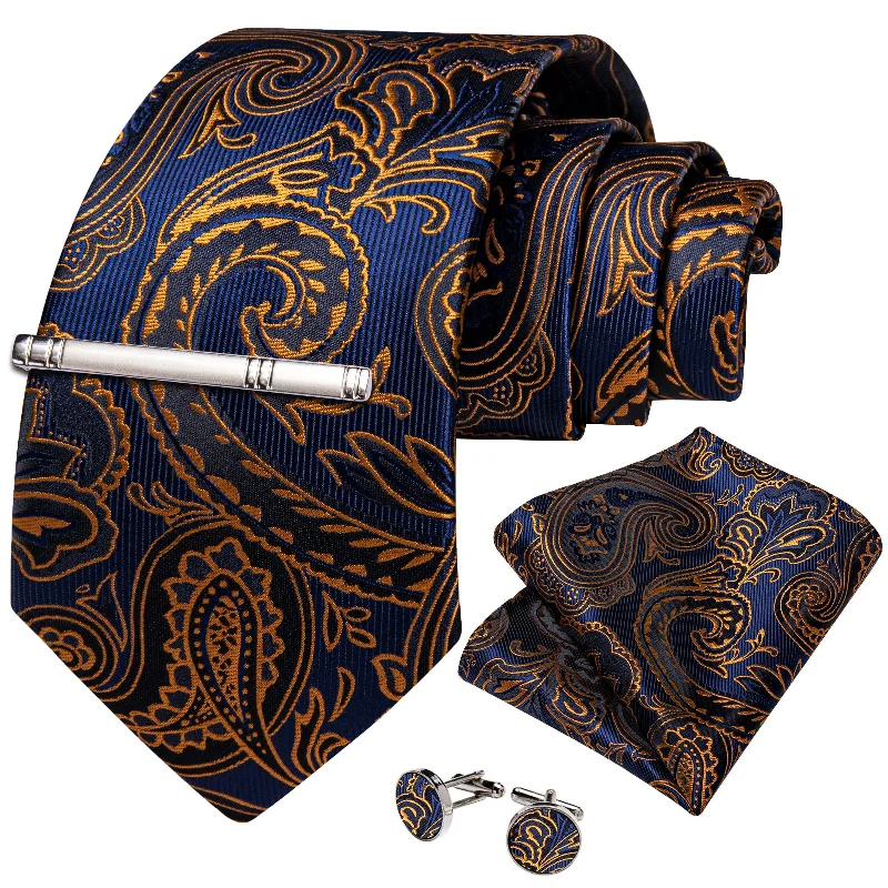 Professional silk tie for men-Blue Golden Floral Men's Tie Handkerchief Cufflinks Clip Set